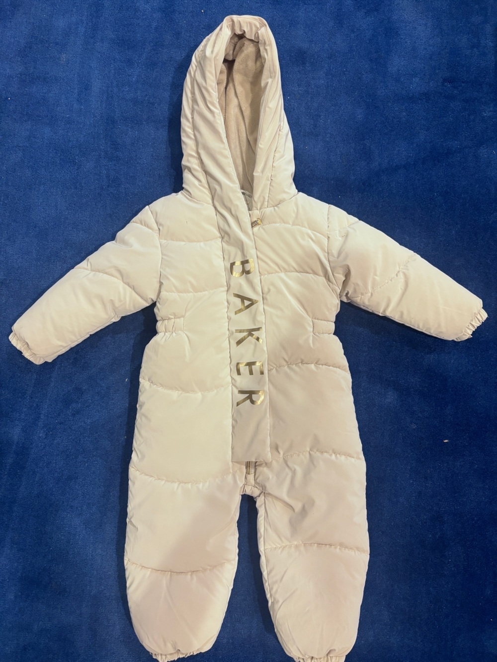 Ted Baker London Cream Hooded Puffer Bunting with Gold Logo Trim